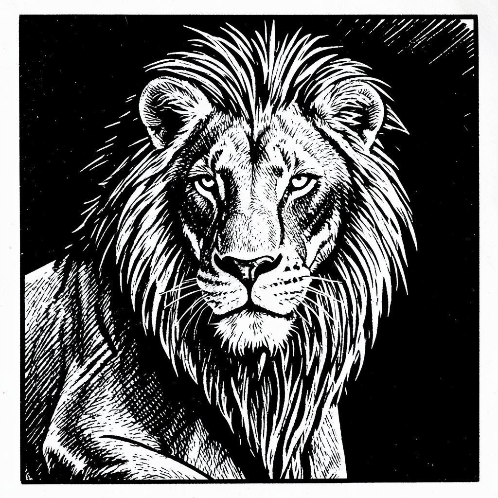 Rilievo linocut di un leone stilizzato in posa araldica, inciso con linee decise nei toni del blu scuro e dell'oro opaco, dal carattere istituzionale