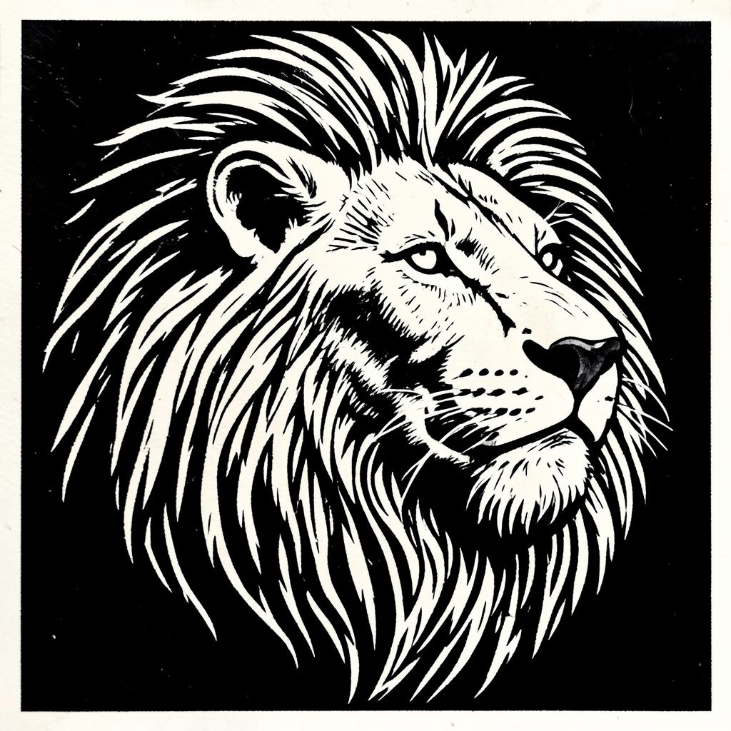 Logo a rilievo del Lions Club Duse con il profilo stilizzato di un leone, intagliato in stile linocut nei toni del blu e del crema